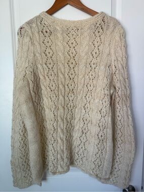 Vintage Hand Knit Cream Mohair Open Cable Knit Sweater L
